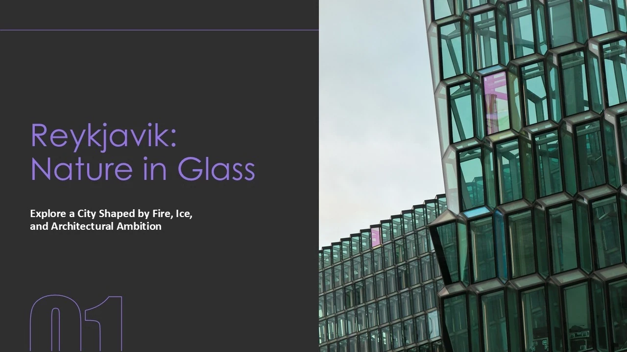 Modern glass building with hexagonal windows beside text about Reykjavik's architectural theme.