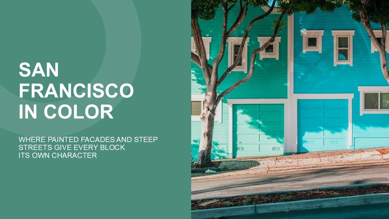 Alt text: Turquoise-painted residential building with white trim and two trees on a steep San Francisco street.