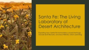 Desert landscape with blooming cacti alongside text about Santa Fe desert architecture.