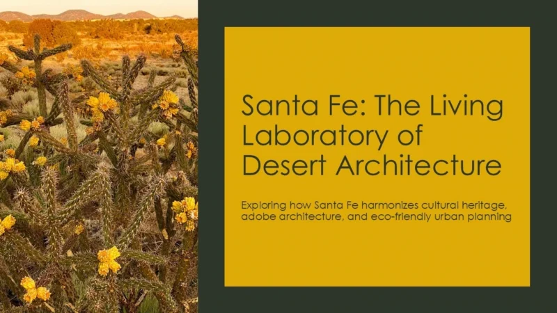 santa-fe-title Desert landscape with blooming cacti alongside text about Santa Fe desert architecture.
