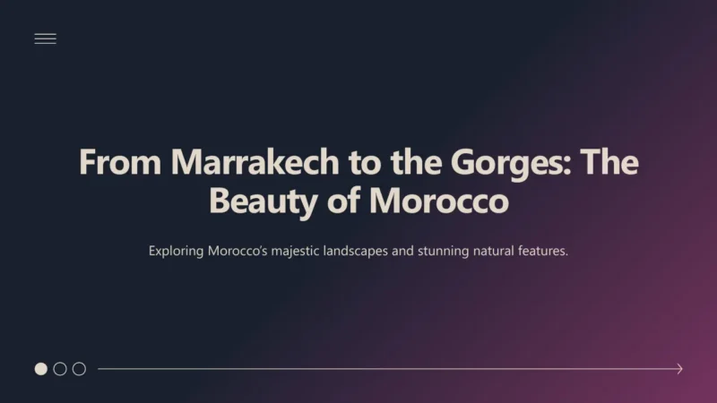 section-marrakech Website header with text "From Marrakech to the Gorges: The Beauty of Morocco" on dark gradient background.