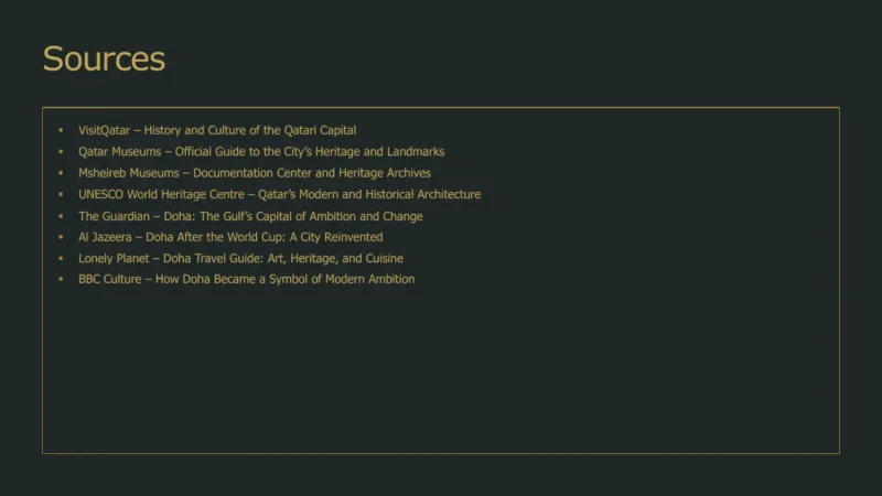 source-doha Slide titled "Sources" with a list of eight references about Qatari culture and Doha, in yellow text on a dark background.
