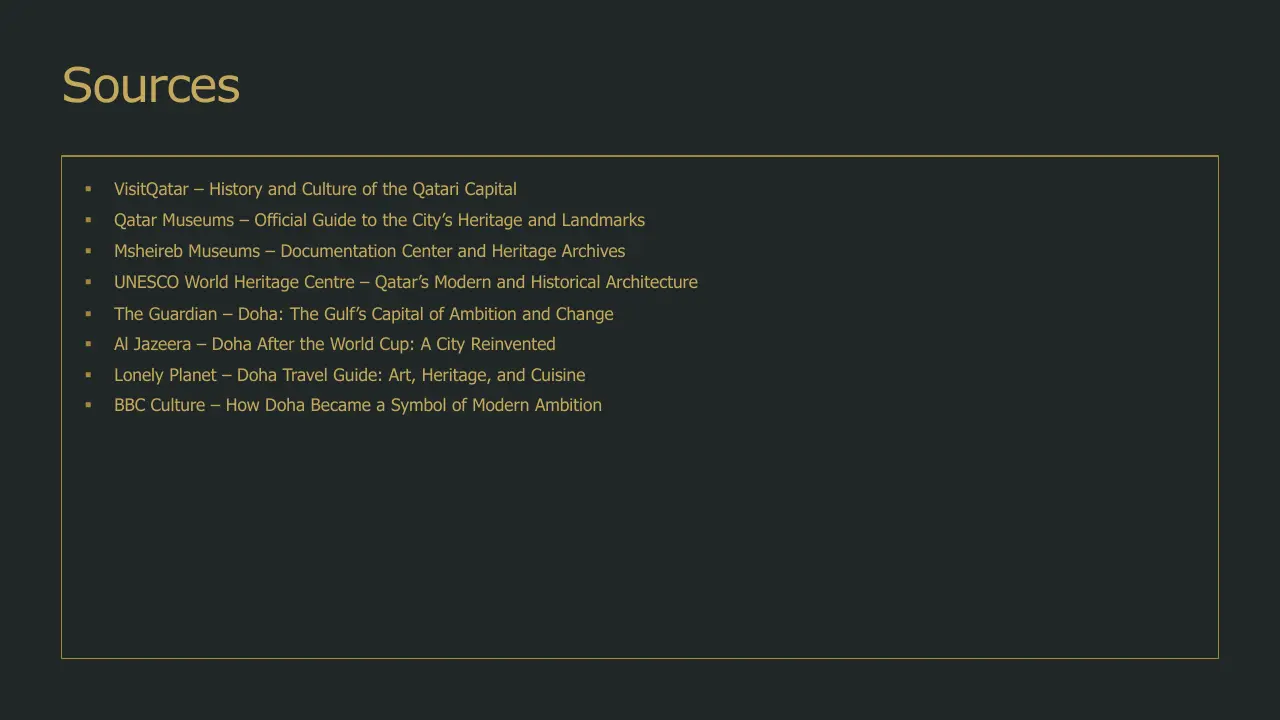 Slide titled "Sources" with a list of eight references about Qatari culture and Doha, in yellow text on a dark background.