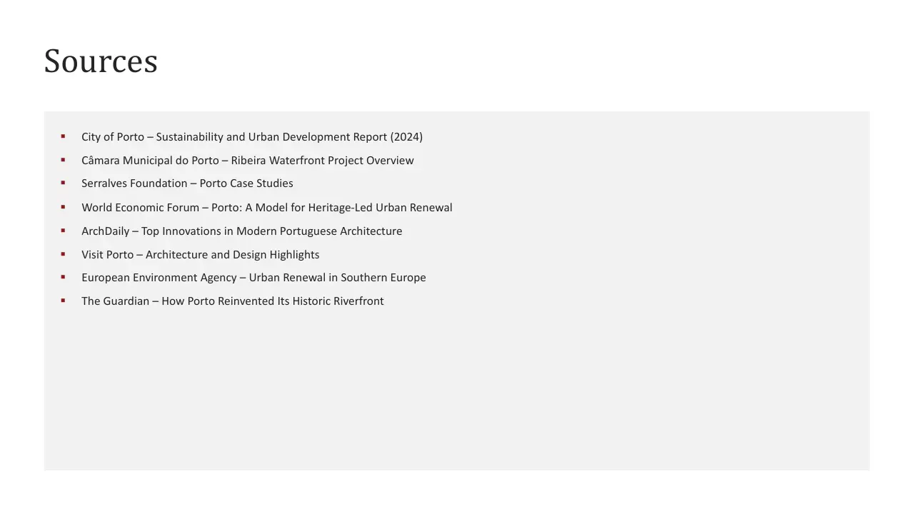 Slide titled "Sources" with a list of eight professional references on urban development and architecture in Porto.