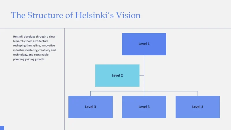 structure Organizational chart titled "The Structure of Helsinki’s Vision" with hierarchical blue and teal boxes labeled Level 1, Level 2, and Level 3.