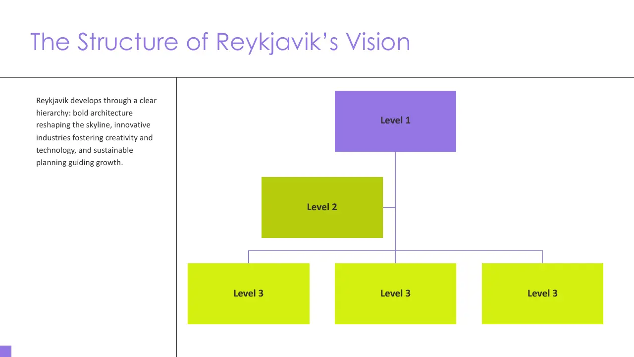 Organizational chart titled "The Structure of Reykjavik's Vision" with three hierarchical levels.