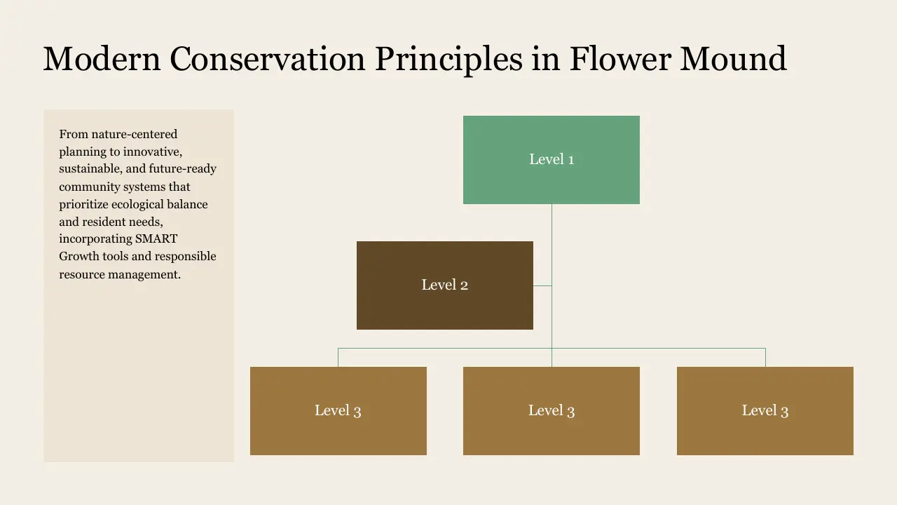 Organizational chart titled "Modern Conservation Principles in Flower Mound" with text and colored level boxes.