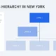 Organizational chart illustrating business hierarchy levels in New York with descriptive sidebar text.