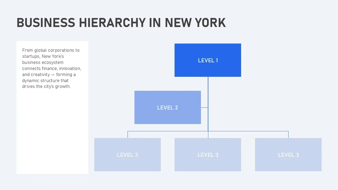 Organizational chart illustrating business hierarchy levels in New York with descriptive sidebar text.