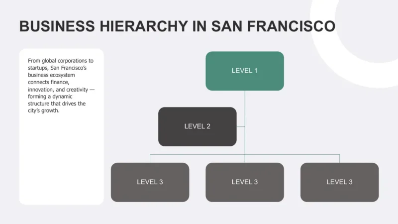 structure-san-francisco Diagram of business hierarchy in San Francisco with one Level 1, one Level 2, and three Level 3 boxes.