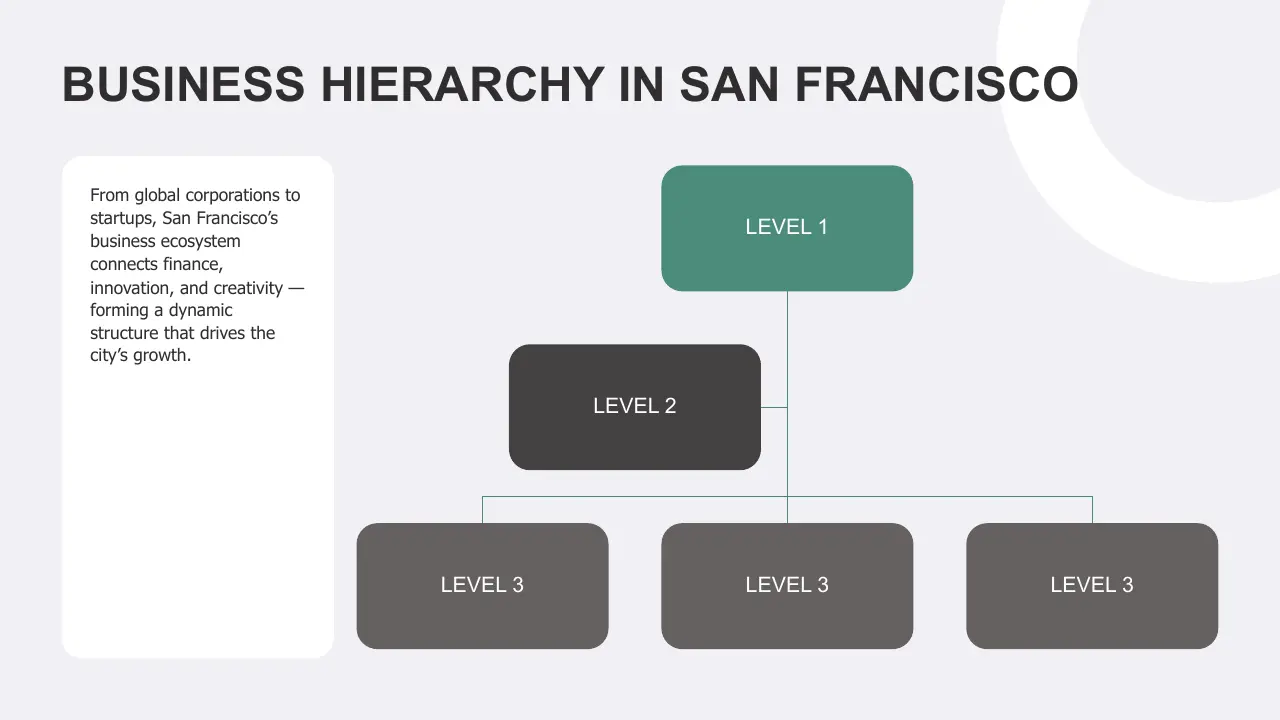 Diagram of business hierarchy in San Francisco with one Level 1, one Level 2, and three Level 3 boxes.