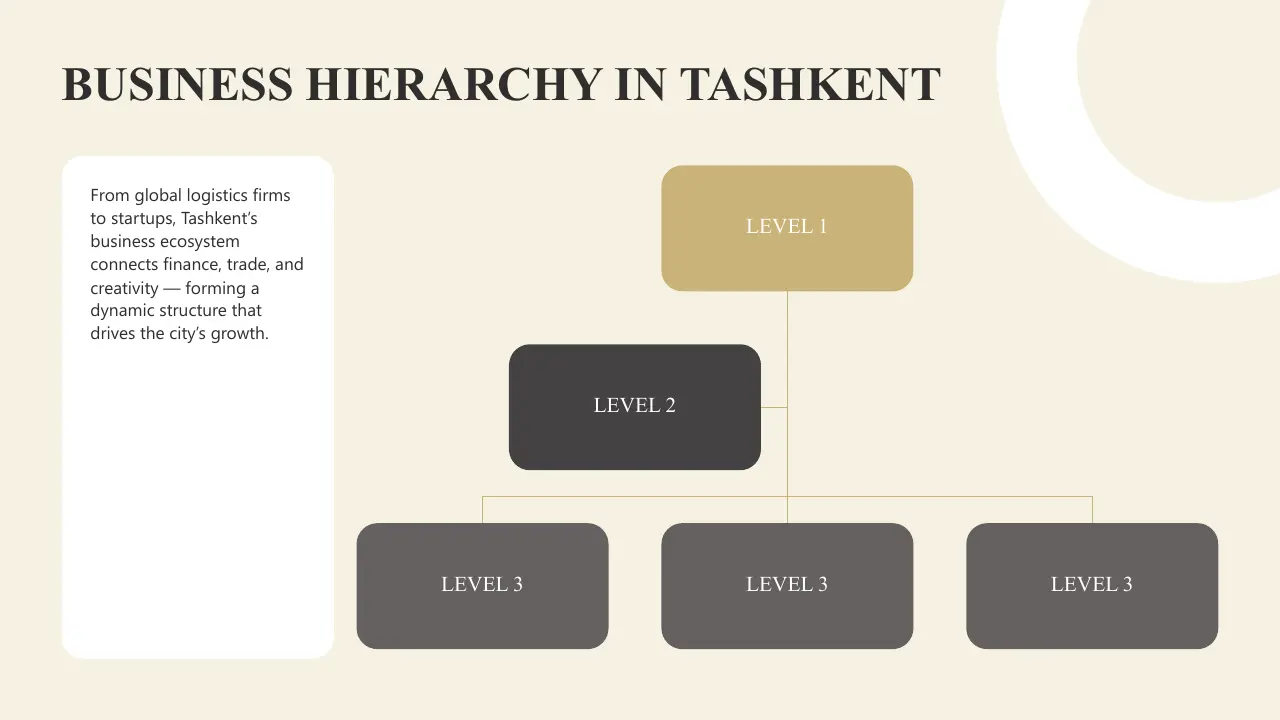 Organizational chart titled "Business Hierarchy in Tashkent" with four levels and descriptive text on beige background.