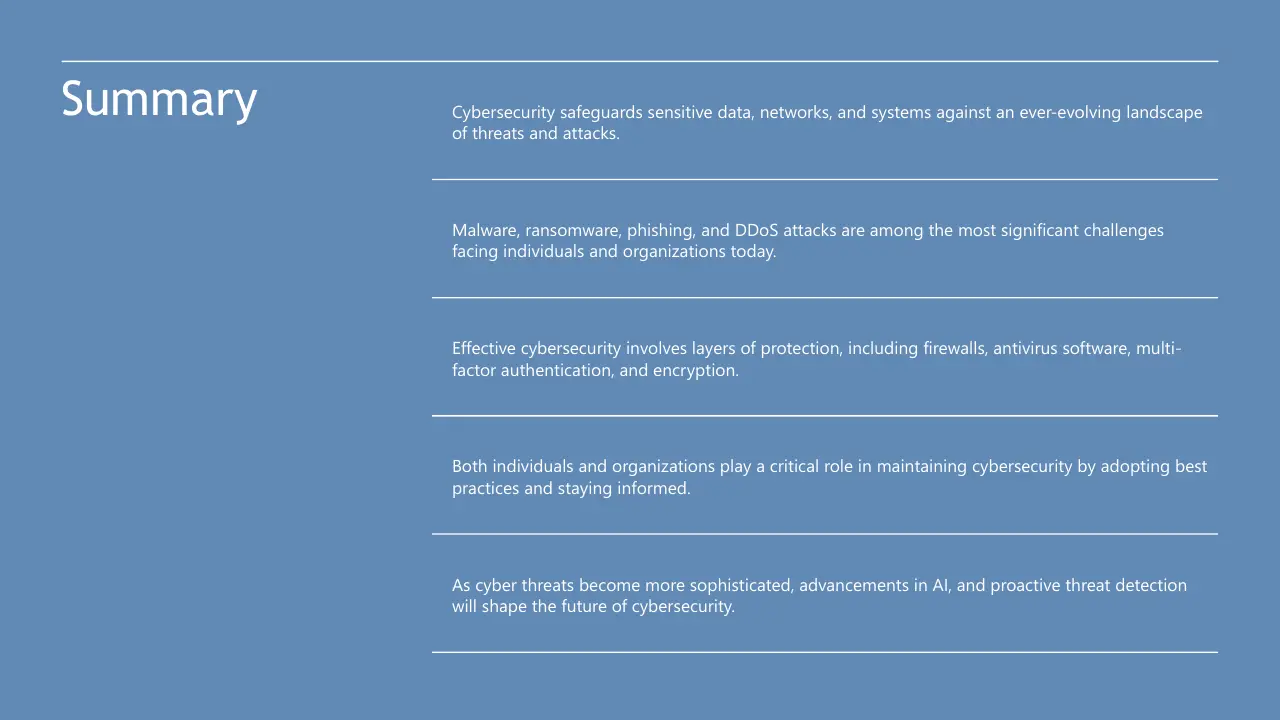 Slide titled "Summary" with cybersecurity key points on a blue background in white text.