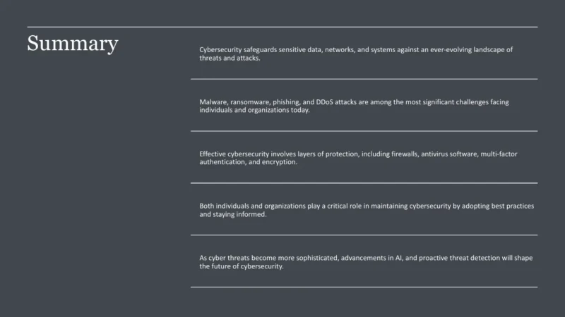 summary-list Slide with a dark gray background titled "Summary," containing five cybersecurity-related bullet points separated by white horizontal lines.