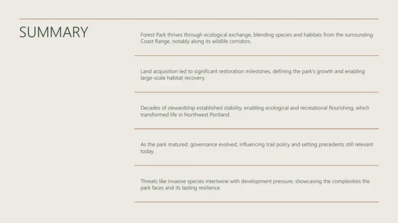 summary-list Summary slide with ecological and governance points about Forest Park's restoration, stewardship, and challenges.