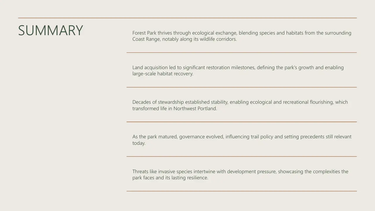 Summary slide with ecological and governance points about Forest Park's restoration, stewardship, and challenges.