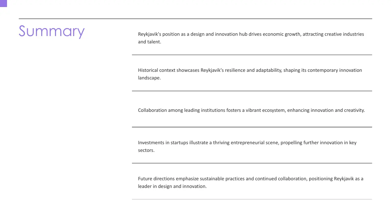 Summary slide with purple title and five key points about Reykjavik's innovation and economic growth.