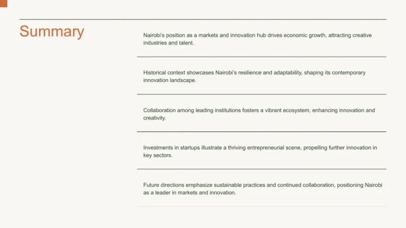 summary-list Summary slide with five key points on Nairobi's economic growth and innovation.