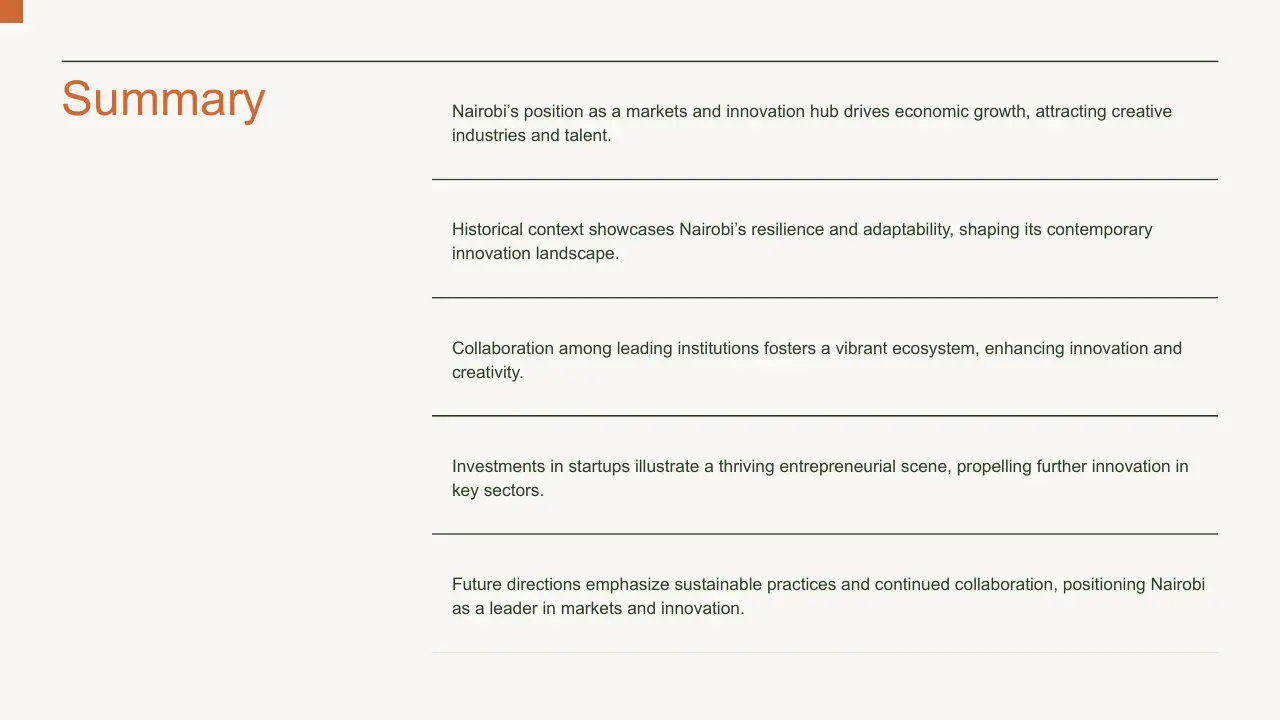 Summary slide with five key points on Nairobi's economic growth and innovation.