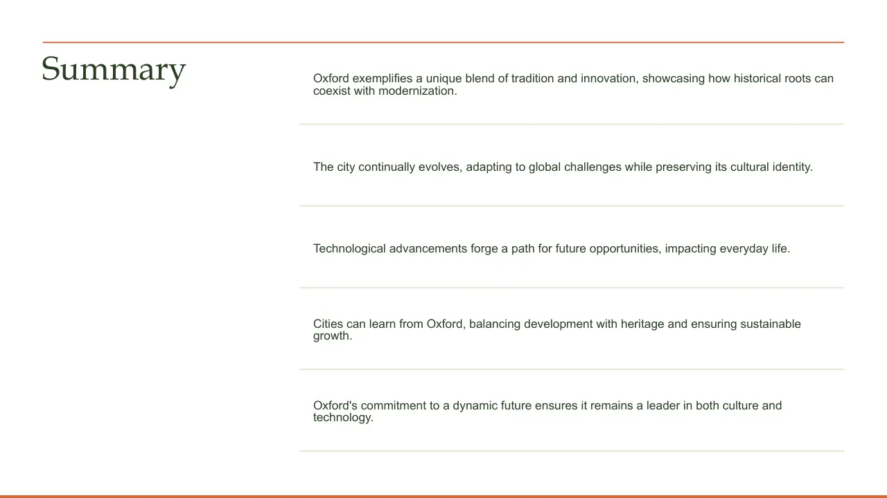 Slide titled "Summary" with five key points about Oxford's blend of tradition and innovation, urban evolution, technology, sustainable growth, and cultural leadership.