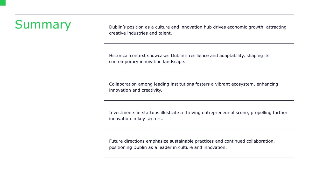 Summary slide with key points on Dublin's culture, innovation, and economic growth in black and green text.