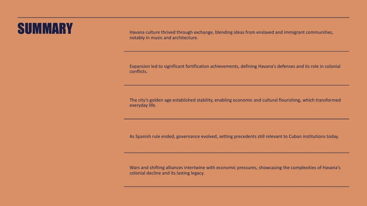Text slide with the title "SUMMARY" in dark blue on a brown background, containing five bullet points summarizing Havana's cultural, architectural, and historical development.