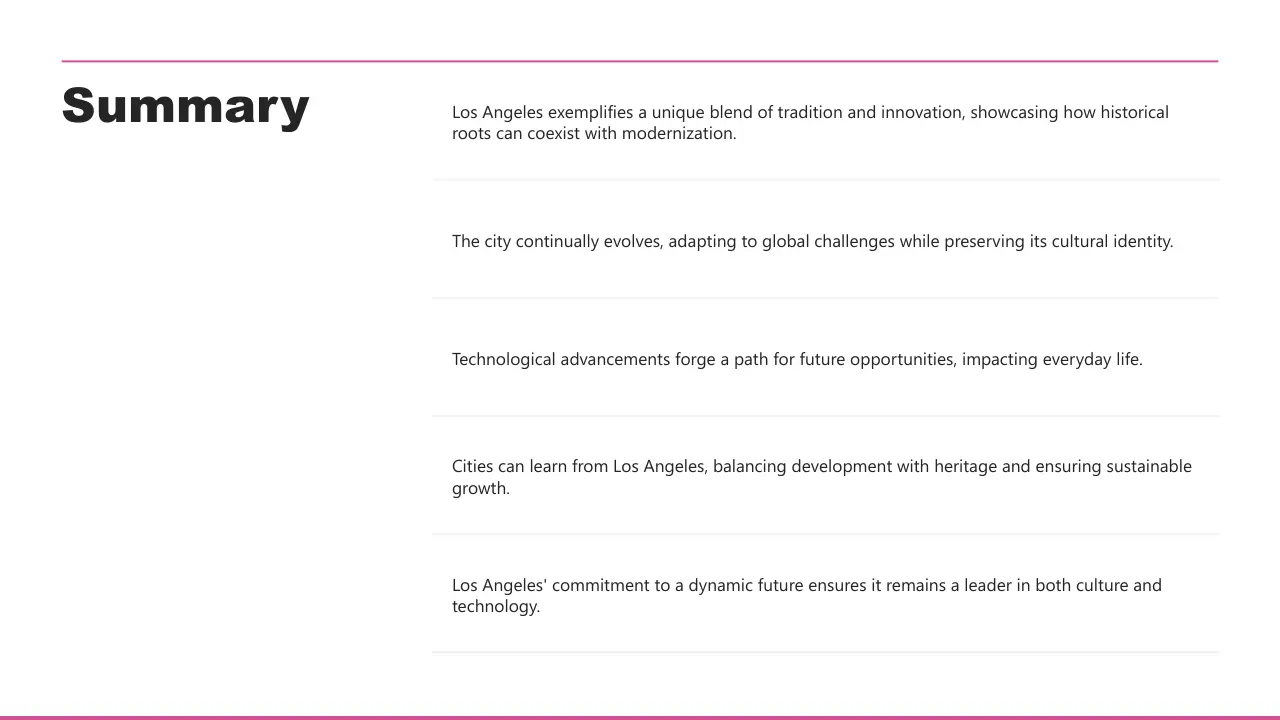 Summary slide with five key points on Los Angeles' blend of tradition, innovation, and sustainable growth.