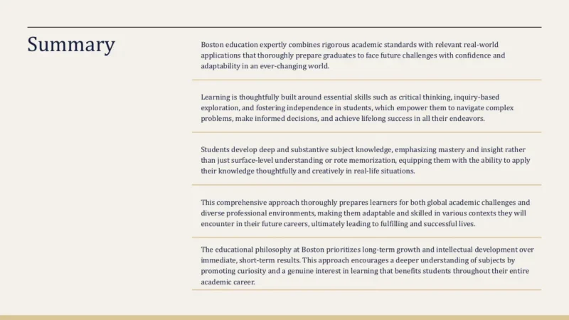summary-list-boston Summary slide with five paragraphs describing Boston education's emphasis on rigorous standards, critical thinking, deep subject knowledge, adaptability, and long-term intellectual growth.
