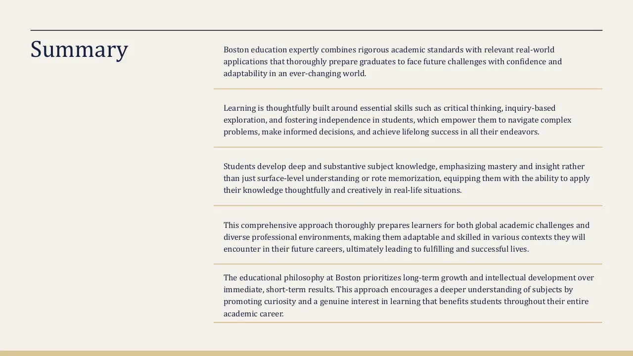 Summary slide with five paragraphs describing Boston education's emphasis on rigorous standards, critical thinking, deep subject knowledge, adaptability, and long-term intellectual growth.
