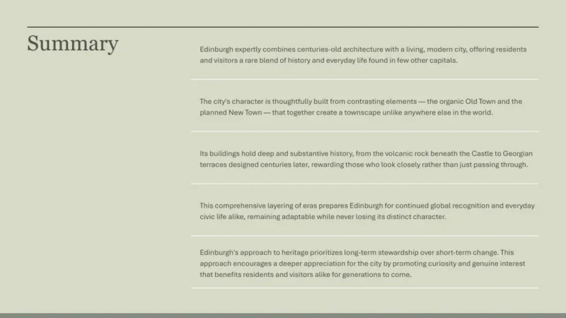 summary-list-edinburgh Text slide titled "Summary" with paragraphs describing Edinburgh's architectural heritage, city character, historical buildings, urban layering, and heritage stewardship on a light green background.