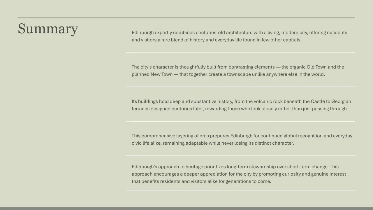 Text slide titled "Summary" with paragraphs describing Edinburgh's architectural heritage, city character, historical buildings, urban layering, and heritage stewardship on a light green background.