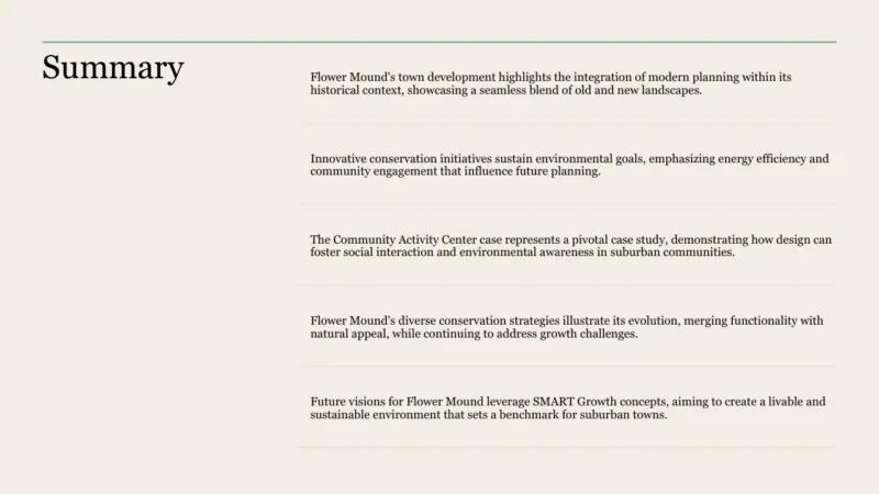 summary-list-flower-mound Summary slide with text outlining Flower Mound’s town development, conservation, community activity, and SMART Growth concepts.