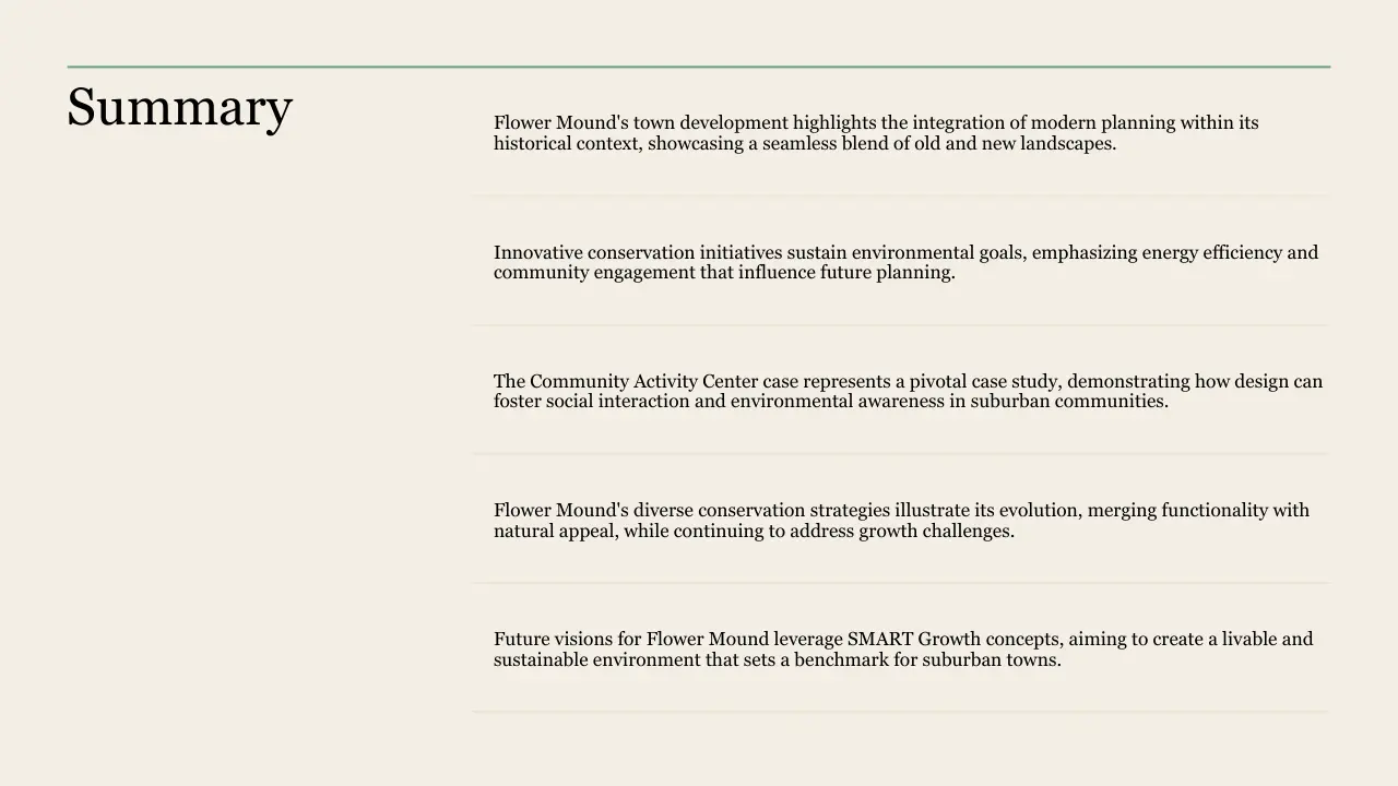 Summary slide with text outlining Flower Mound’s town development, conservation, community activity, and SMART Growth concepts.