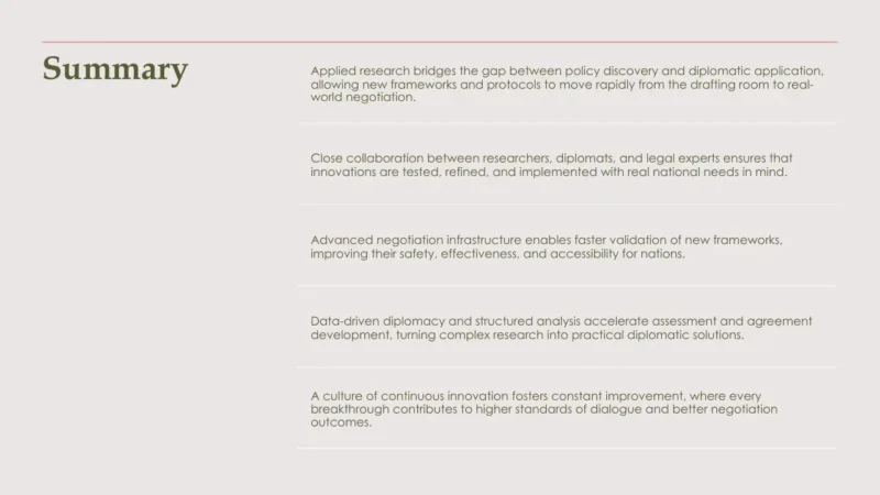 summary-list-geneva Summary slide with green heading and five key points on applied research, collaboration, negotiation infrastructure, data-driven diplomacy, and continuous innovation.