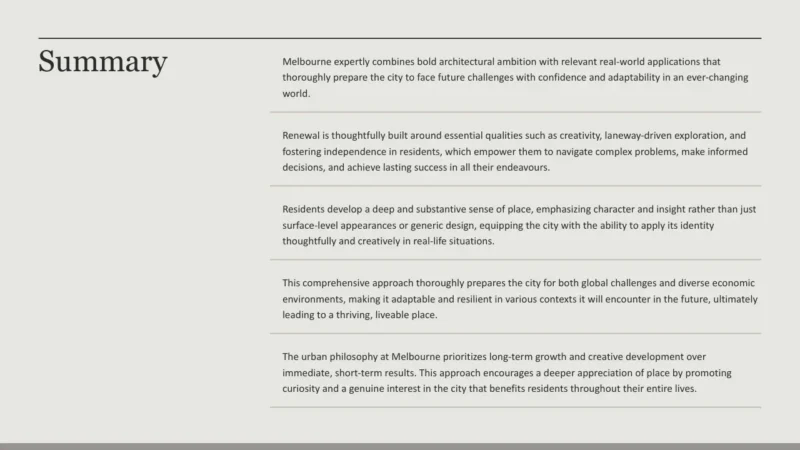 summary-list-melbourne Text document titled "Summary" with five paragraphs discussing Melbourne's urban development philosophy and future planning.