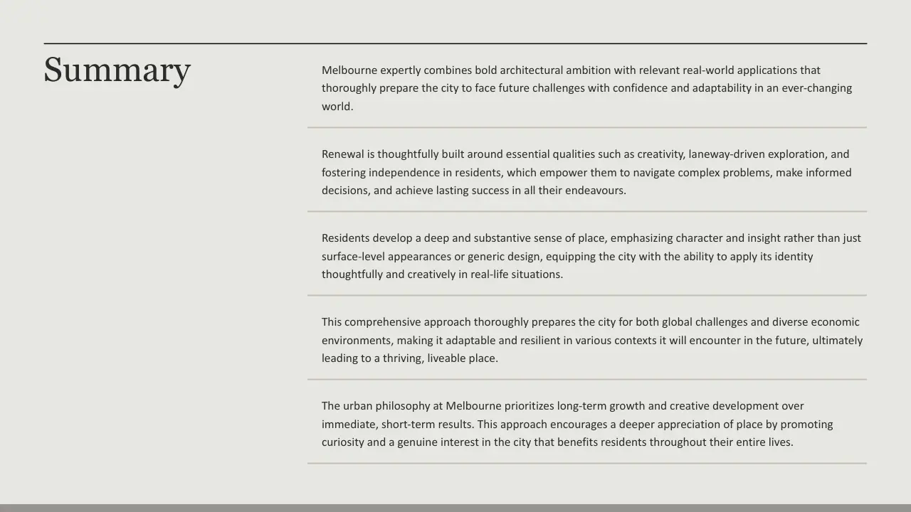 Text document titled "Summary" with five paragraphs discussing Melbourne's urban development philosophy and future planning.