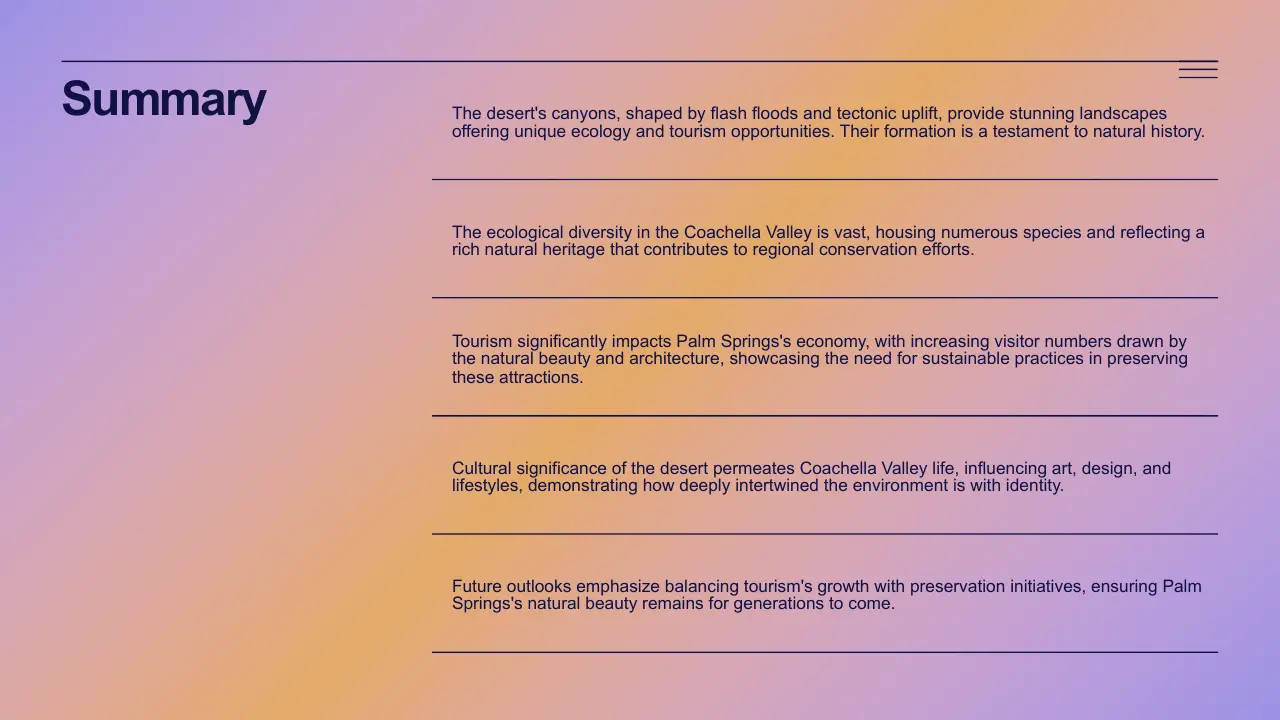 Summary slide with text about Coachella Valley's ecology, tourism, culture, and preservation efforts on a gradient purple and orange background.