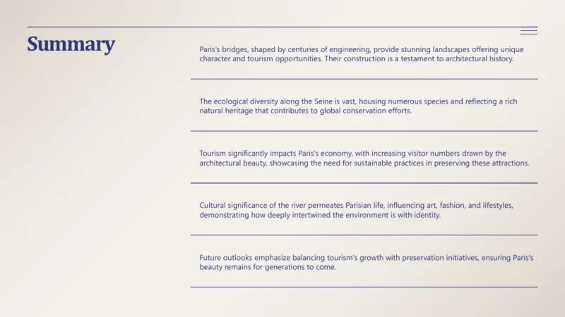 summary-list-paris Summary slide with text discussing Paris's bridges, ecological diversity, tourism impact, cultural significance, and preservation efforts.
