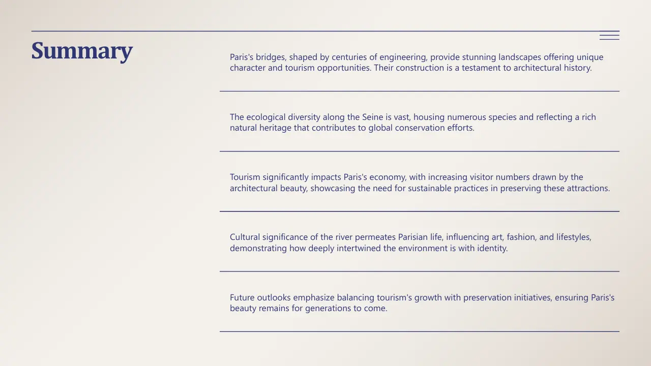 Summary slide with text discussing Paris's bridges, ecological diversity, tourism impact, cultural significance, and preservation efforts.