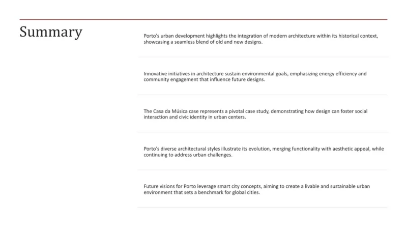 summary-list-porto Summary slide with five paragraphs discussing Porto's urban development, architecture, and future smart city visions.