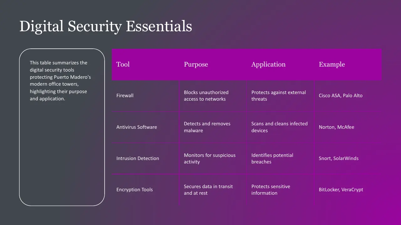 Table titled "Digital Security Essentials" summarizing tools, purposes, applications, and examples.