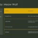 Slide titled "Case Study: Meow Wolf" with a dark green background, featuring a mustard yellow and dark gray table outlining design principles, sustainability, community impact, and architects, alongside a description of Meow Wolf as a multifunctional cultural and artistic space in a converted bowling alley.