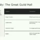 Slide titled "Case Study: The Great Guild Hall" with a table outlining features and descriptions of the hall's design principles, craftsmanship, community impact, and builders.