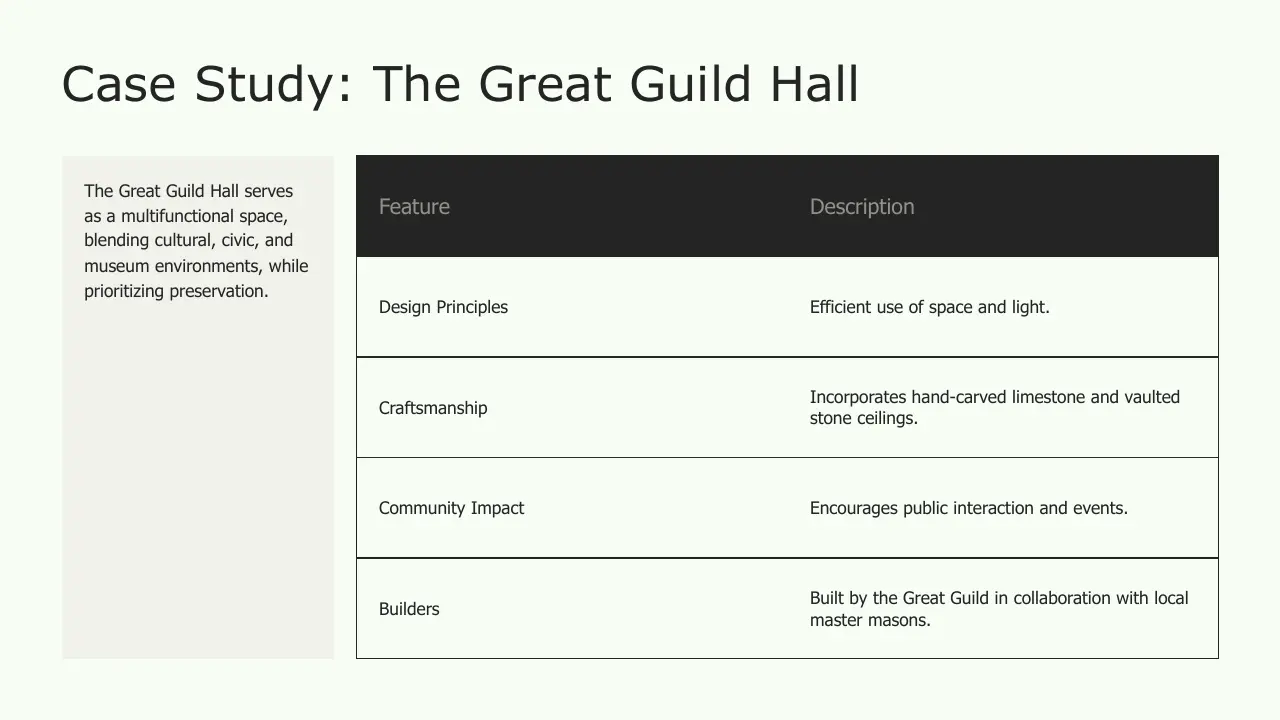 Slide titled "Case Study: The Great Guild Hall" with a table outlining features and descriptions of the hall's design principles, craftsmanship, community impact, and builders.