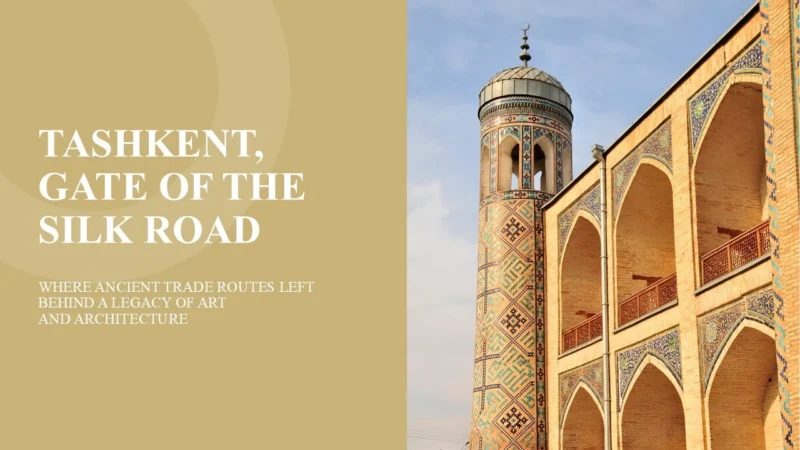 tashkent-title Historic Tashkent architecture with ornate tilework and arched colonnades under a clear sky.