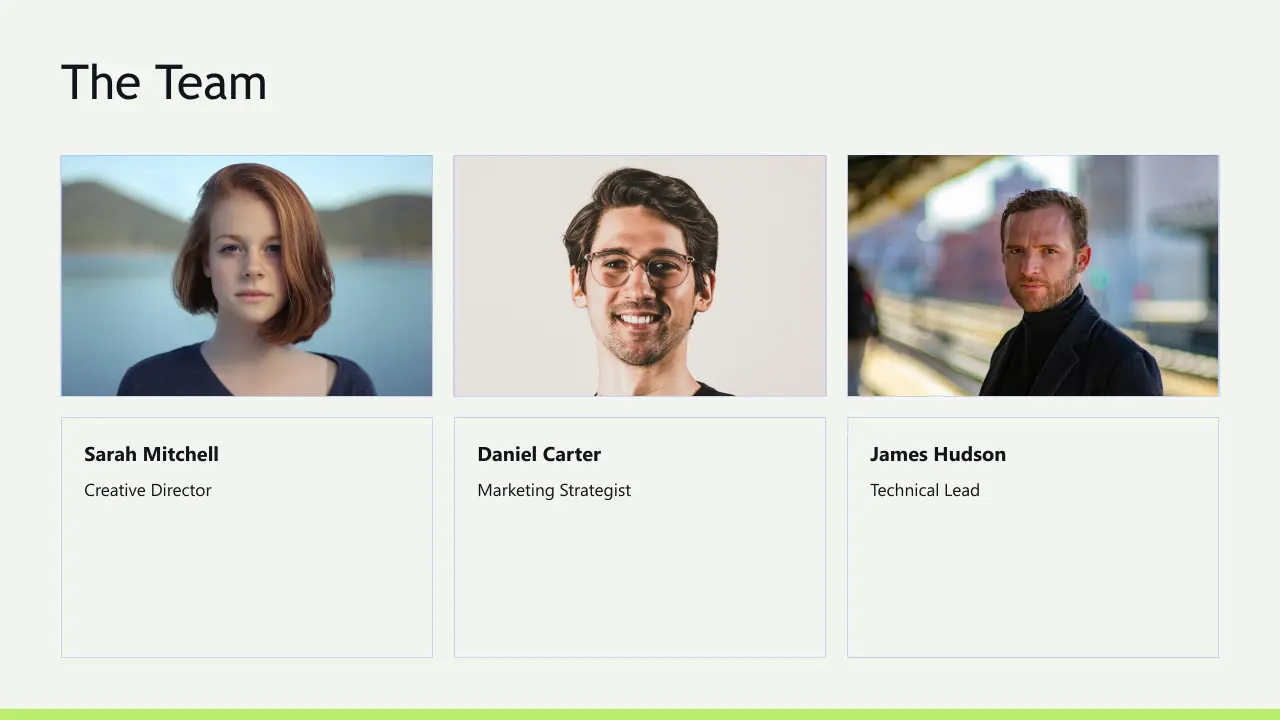 Photographs of three team members with names and roles: Creative Director, Marketing Strategist, Technical Lead.