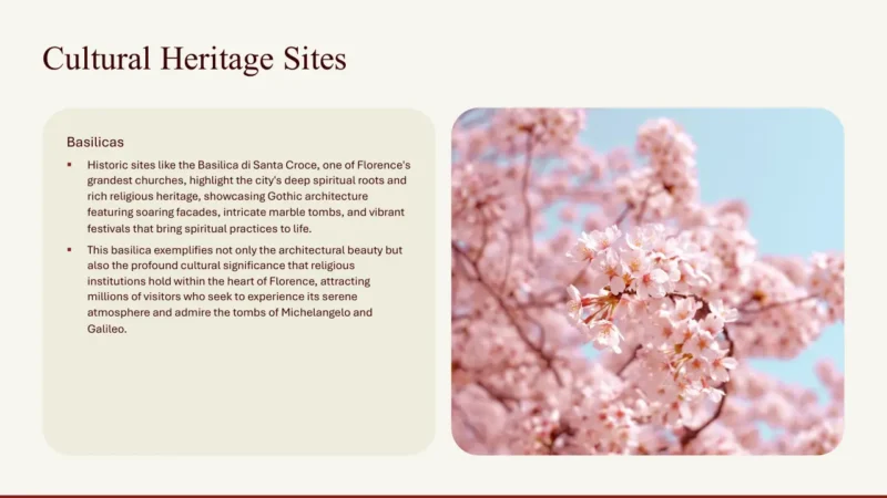 text-box-v1 Slide titled "Cultural Heritage Sites" with text about basilicas on the left and a photo of pink cherry blossoms against a blue sky on the right.