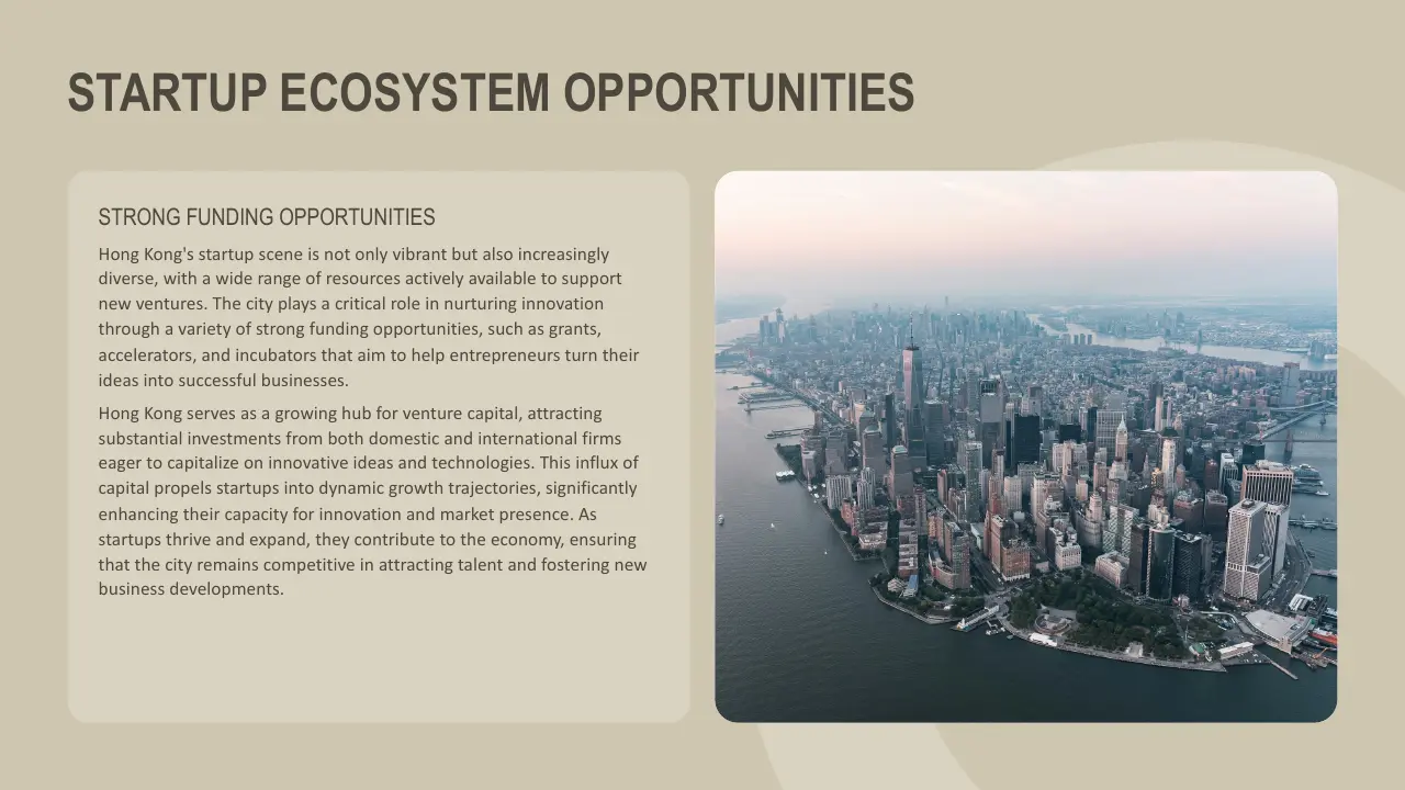 Aerial view of a city skyline at dusk with surrounding water, accompanied by text on startup funding opportunities.