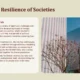 Slide titled "Historical Resilience of Societies" with text about Madrid's trials beside a photo of modern white buildings and leafless trees with red berries.