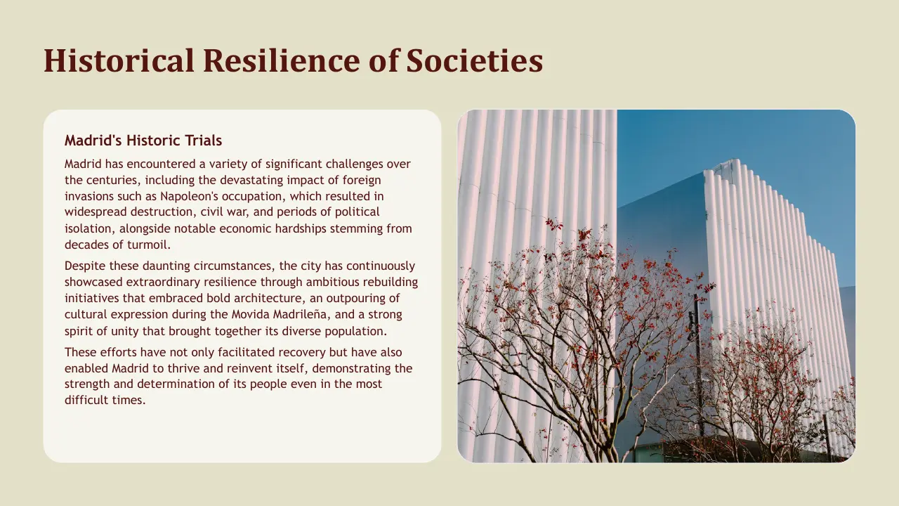 Slide titled "Historical Resilience of Societies" with text about Madrid's trials beside a photo of modern white buildings and leafless trees with red berries.
